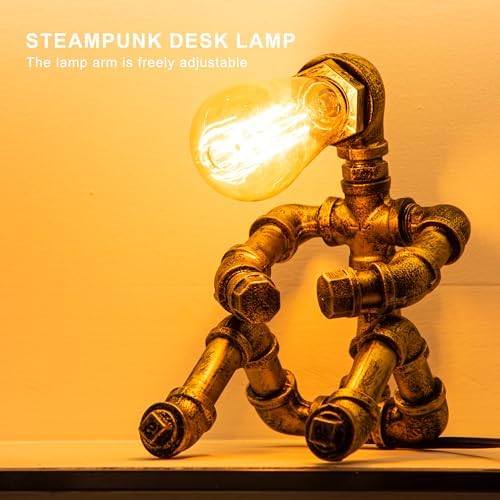 Steampunk Table Lamp, Vintage Industrial Metal Robot Table lamp, Water Pipe Table Lamp, Robot Style Desktop Light for Bedside Desk Bar Cafe Desktop Room Decoration