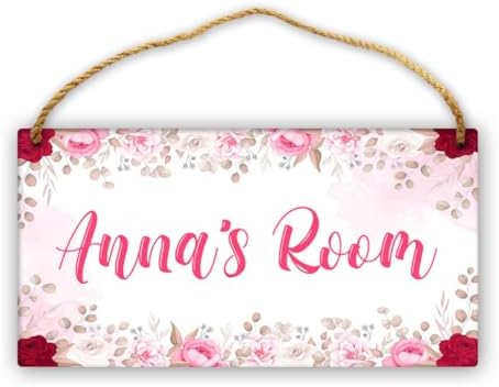 Personalized Pink Fowers Floral Door Sign Kids Room Decor Custom Name Girls Bedroom Toddler Baby Nursery Hanging Art Wood Wall Plaque