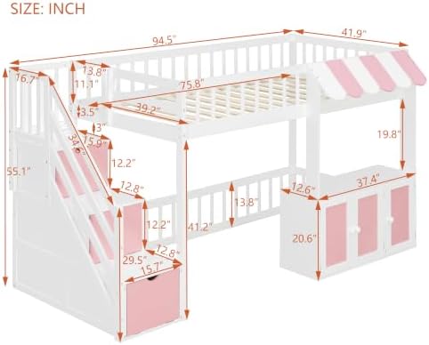 LUMISOL Twin Size Loft Bed with Storage Steps and Under Bed Cabinets, Playhouse Loft Bed Frame with LED Light, White+Pink