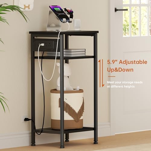 Asgolion Tall End Table with Charging Station, Narrow Tall Side Table