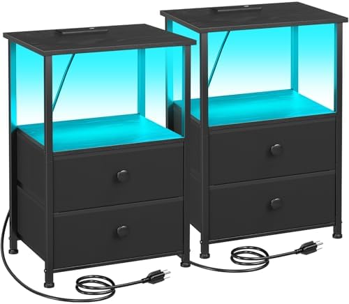 LOAKEKEL Nightstands Set of 2, LED Night Stand with Charging Station