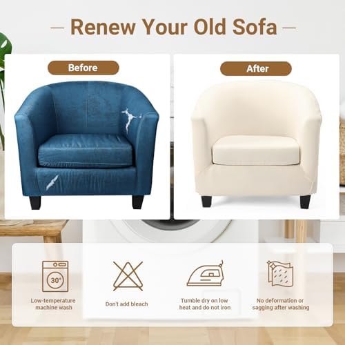 Barrel Chair Covers 2 Piece, Round Couch Covers Club Chair Slipcover with Cushion Cover, Beige Soft Stretch Armchair Slipcovers with Elastic Bottom Washable Furniture Protector for Pet Dog