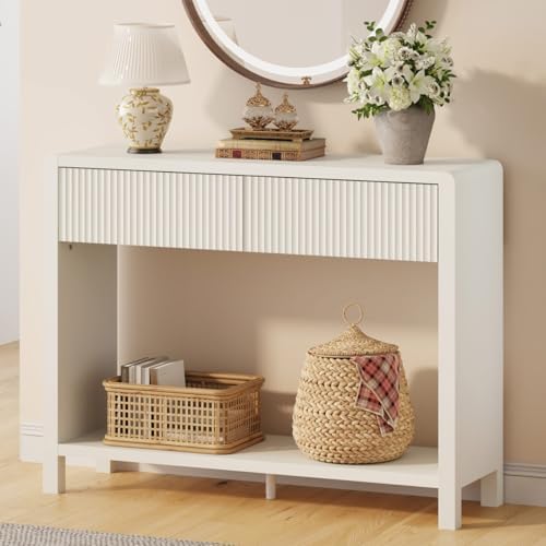 FATORRI Console Entryway Table with Storage, Wooden Narrow Sofa Table with Drawers and Open Shelf, 39.37 inch Modern Hallway Tables Behind Couch for Living Room, Dining, Foyer, Bedroom (Antique White)