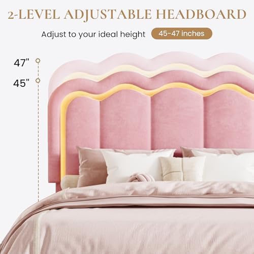 SHA CERLIN Queen Size Bed Frame with LED Lights and Storage Drawer, Pink