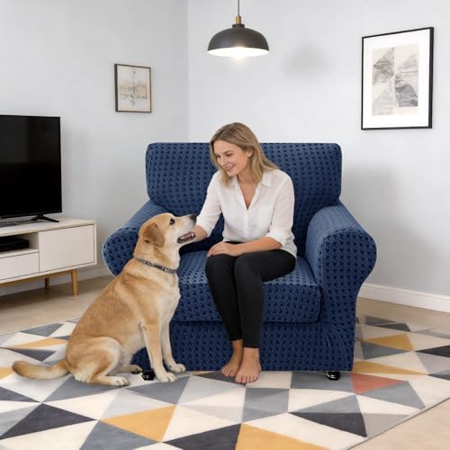 MAXIJIN 2 Pieces Stretch Chair Cover Armchair Covers for Living Room Thick Soft Chair Slipcovers with Arms Dogs Pet Single Sofa Couch Protector with Elastic Bottom (Navy Blue, 31"-46")
