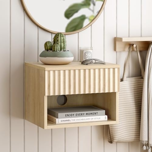 EYYTHUNG Small Floating Nightstand with Drawer, Modern Night Stand with Fluted Door and Open Storage Shelf Wall Mounted Bedside Table for Bedroom, Entryway Light Oak