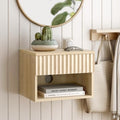 EYYTHUNG Small Floating Nightstand with Drawer, Modern Night Stand with Fluted Door and Open Storage Shelf Wall Mounted Bedside Table for Bedroom, Entryway Light Oak