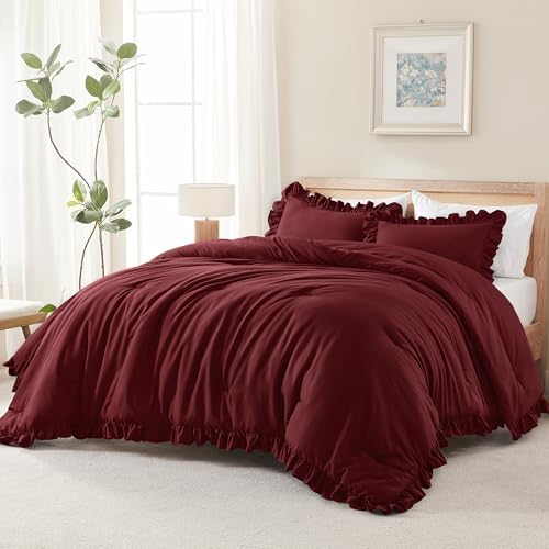 Andency Burgundy Ruffle Comforter Twin Size, 2 Pieces Soft Bed Set