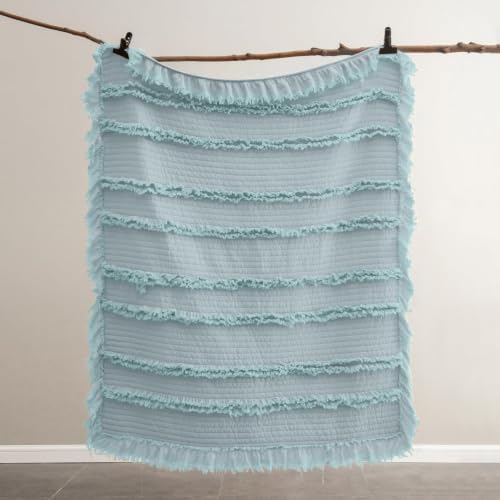 Ultra Soft Pre-Washed Quilted Boho Blue Twin Size Blankets for Bed, Ruffle Fringed Decorative Throw, Stone Washed Chic Rustic Blanket for Sofa Couch Bed, 60"*80"