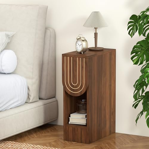 weselon Narrow Nightstands Set of 2, Mid-Century Modern Bedside Table with Carved Drawer and Storage Shelf, Farmhouse Slim Side End Table for Bedroom, Small Space (2, Walnut)