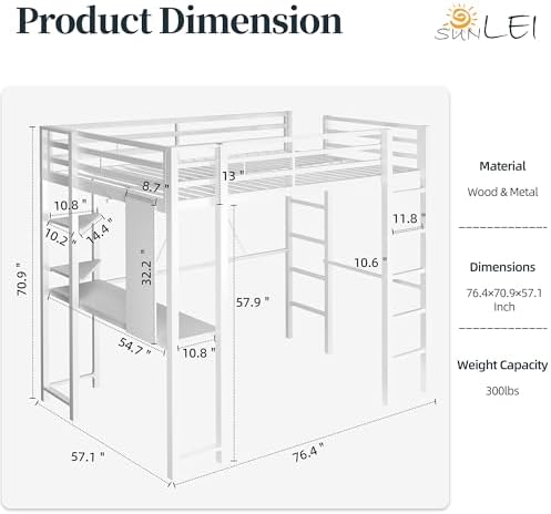 Loft Bed with Desk, Metal Loft Bed Full Size with 2 Built-in Ladders, with Safety Guard,Space-Saving Bed Frame, Noise Free, Creamy White (Full Size)
