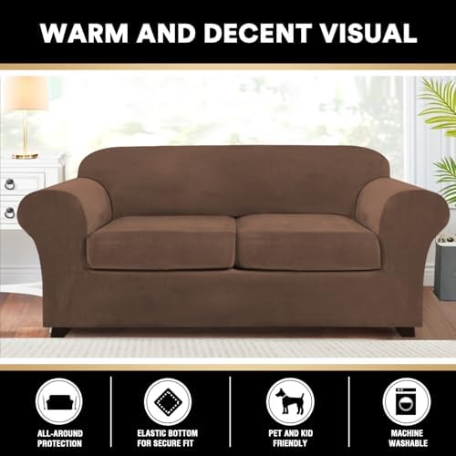 PrinceDeco Couch Cover Velvet Plush Sofa Covers for 2 Cushion Couch Width Up to 90 Inch Washable Furniture Protector Pet Friendly No Slip Sofa Slipcover(Medium-Large, Caramel)