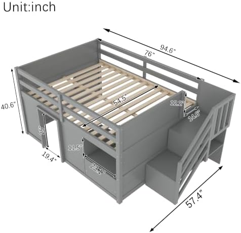 Bellemave Full Size Low loft Bed for Kids,Wood Loft Beds,Modern Farmhouse Full loft Bed,Loft Bed with Desk and Storage, No Box Spring Needed,for Kids, Gray