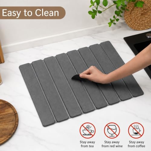 Stone Dish Drying Mat for Kitchen Counter, Thin & Light Quick Dry Stone Dishes Mat, Foldable Water Absorbing Diatomite Drying Pad for Kitchen Bathroom Sink Countertop (Pure Gray 20"x14")