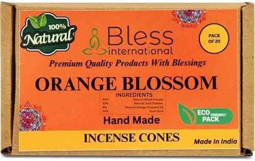 Bless International Orange-Blossom 100%-Natural-Incense-Cones Handmade-Hand-Dipped Organic-Chemicals-Free for-Purification-Relaxation-Positivity-Yoga-Meditation The-Best-scents (20 Count)