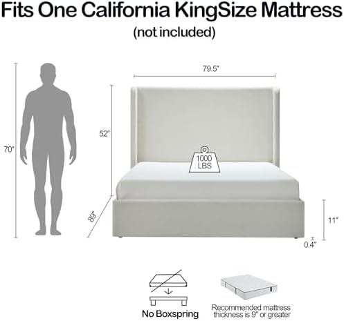 California King 52" Tall Headboard Carmen Wingback Upholstered Platform Bed Frame Premium Canvas Chenille Elegant Simplicity for Bedroom No Box Spring Needed Easy Assembly Textured Ivory