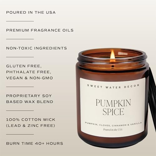 Sweet Water Decor Pumpkin Spice Candle, 9oz Amber Glass Jar, Fall
