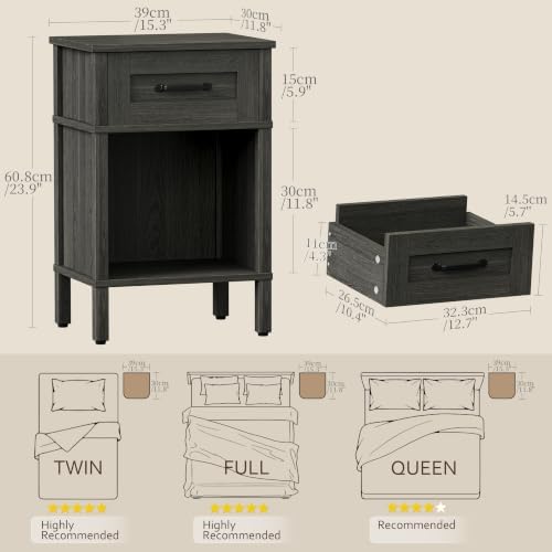 Farmhouse Nightstands with Drawer, Small Wooden Side Table, Modern Bedroom Night Stand, Wood Night Table, Grey Bedside Table with Storage, End Table for Living Room LET512GW