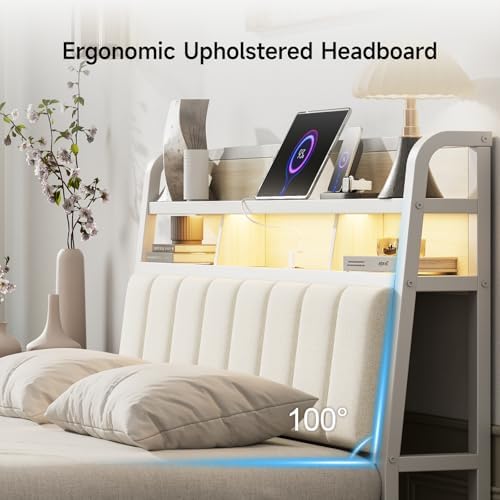 Full Headboard Only with Storage, Charging Station, Off White