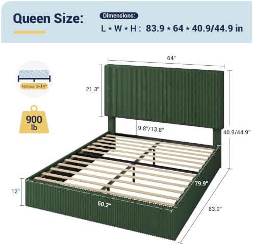 Allewie Queen Bed Frame, Adjustable Corduroy Headboard, Platform, Green