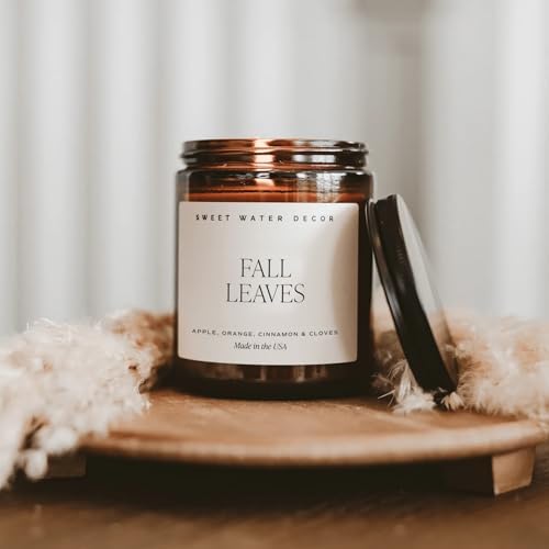 Sweet Water Decor Fall Leaves Candle, 9oz Amber Jar, Autumn Scents for Home