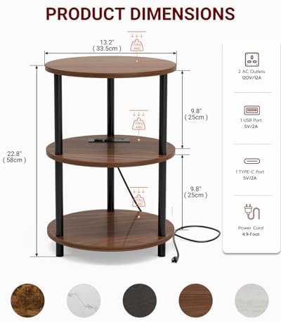 XBurmo Small Round End Table - 3 Tier Design Accent Table, Narrow Side or Bedside Stand, Industrial Vintage Table for Small Spaces, Built-in USB Ports and Power Outlet, Rustic Walnut