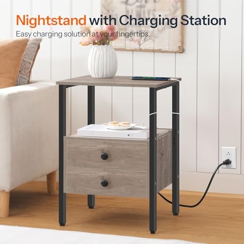 HOOBRO End Table with Charging Station, Bedside Table with Drawers