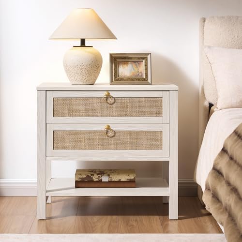 SICOTAS White Rattan Nightstand Set of 2, Wide Bedside Table with 2 Drawers