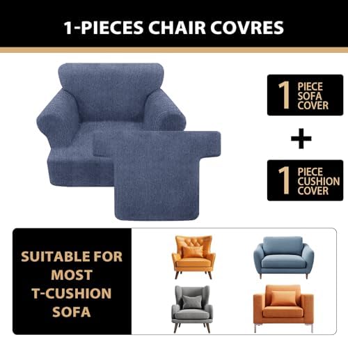 Sofa Cover 2 Pieces T Cushion Chair Covers with Arms Super Stretch Chair Slipcover for Living Room,Slip Cover Anti Slip Armchair Furniture Protector Pet Universal(Blue Grey, 1 Cushion)