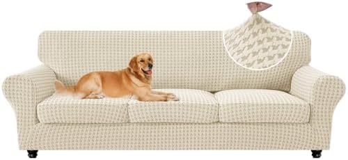 MAXIJIN 4 Pieces Stretch Oversized Couch Covers for 3 Cushion Sofa Covers Washable Sofa Slipcovers Thick Soft Furniture Protector with Non Slip Strap (Beige), 91"-110"(3 XL Cushions)