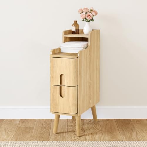 FurSch Narrow Nightstand, Wooden 2 Drawer, Natural, 1 pc