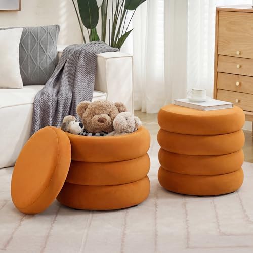 Round Velvet Storage Ottoman Set of 2, Tufted Vanity Stool for Dorm