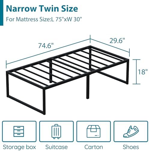 EMODA 18 Inch Narrow Twin Bed Frame 30x75, Heavy Duty Metal Platform No Box Spring Needed, Easy Assembly Noise Free, Black