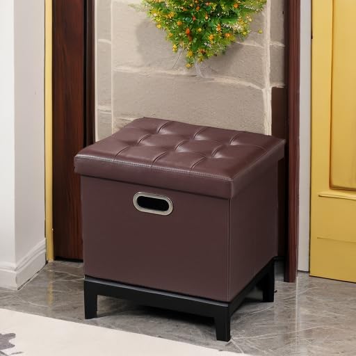 Bsketa Storage Ottoman Bench,17 Inch Folding Leather Foot Rest Stool, Brown