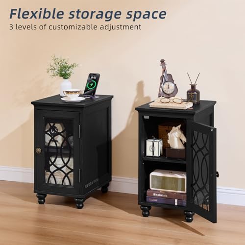 Joaxswe Narrow Side Table with Charger, Glass Door Storage