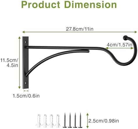 11 Inch 2 Pack Heavy-Duty Metal Plant Hanger Hooks, outdoor, Matte black