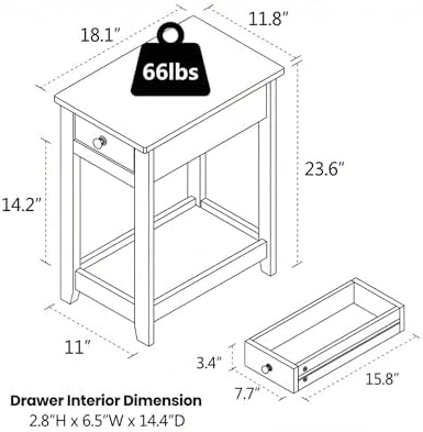 SEJOV Narrow Side Table, Small White End Table with Drawer & Storage Shelve