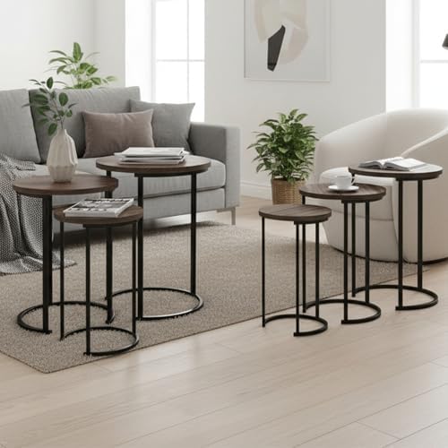 Lavish Home Round Nesting Tables Set of 6, Woodgrain-Look Top, Gray-Brown
