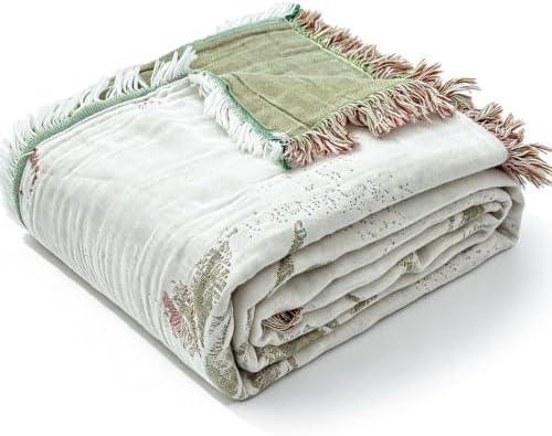 QKTE 100% Cotton Muslin Blanket King Size with Tassels, Lightweight Breathable Reversible Cooling Gauze Blanket for Bed Couch Camping, All-Season Soft Coverlet (White Green, 104" x 90")