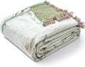 QKTE 100% Cotton Muslin Blanket King Size with Tassels, Lightweight Breathable Reversible Cooling Gauze Blanket for Bed Couch Camping, All-Season Soft Coverlet (White Green, 104" x 90")