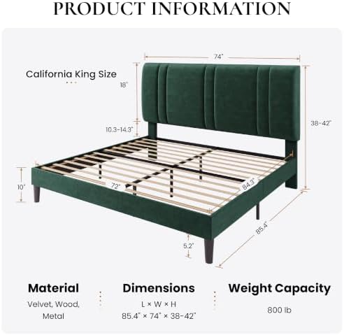 SHA CERLIN California King Size Bed Frame with Adjustable Headboard, Green