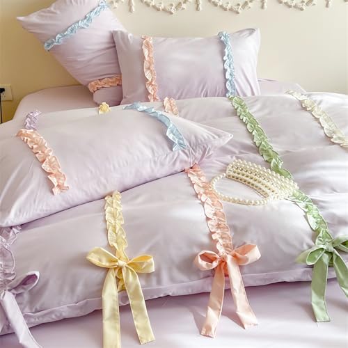 Rainbow Ruffles Bedding Set with Bow,Colorful Striped Duvet Cover, Cute Princess Style 2 PCS Duvet Cover Set-1 Duvet Cover and 1 Pillowcases for Girls Teens Bedroom,No Comforter