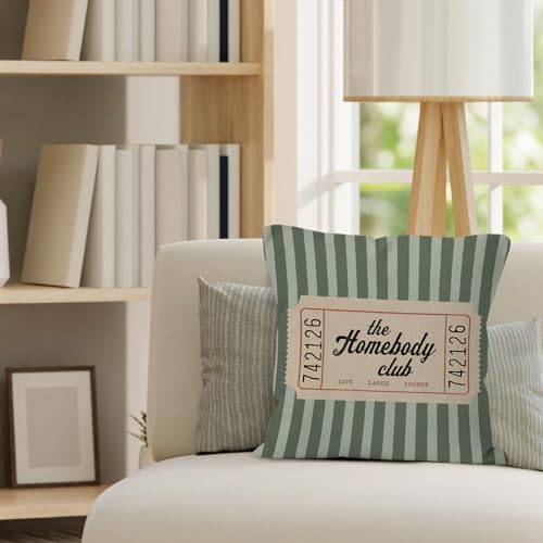 Trendy Retro the Homebody Club Throw Pillow Cover 18x18, Green Striped Cozy Aesthetic Decorative Pillow Covers for Home Bedroom Living Room Couch, Introvert Gifts Accent Pillows Cover Pillowcases