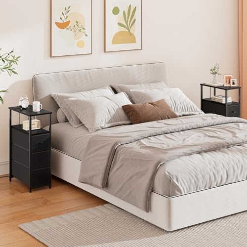 TUTOTAK Narrow Night Stand with Charging Station, Slim End Table