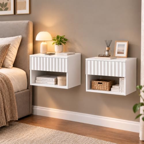 BuildHom Floating Nightstand Set of 2 with Fluted Drawer, Bedside Table