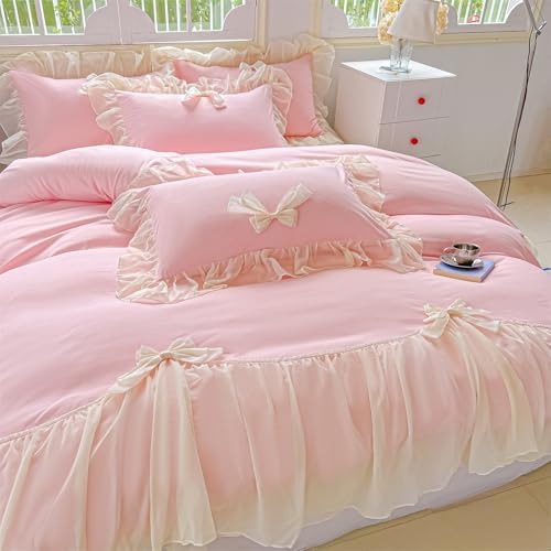 SOUKECHY Chic Lace Bedding,Girls Twin Aesthetic Comforter Cover Set,Romantic French Princess Style Ruffled Duvet Cover with Lovely Bow with Zipper Closure-Pink,Twin Size