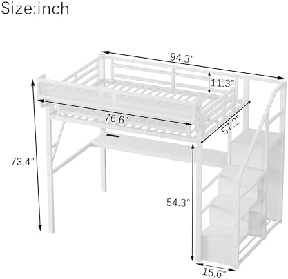 Full Size Metal Loft Bed Frame with Desk, Staircase, Built-in Storage Shelves and Wardrobe, Modern Loft Bed with Solid Slats, Guardrail, No Box Spring Required, Easy Assembly, for Bedroom, White