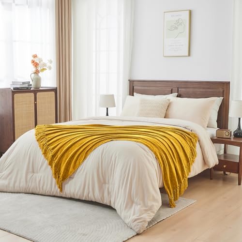 CozeCube Chenille Throw Blanket, Harvest Gold Fringe Blanket, 60"X80"