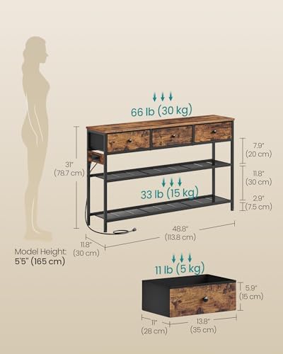 SONGMICS Console Table with Power Outlets and LED Lights, 3 Fabric Drawers