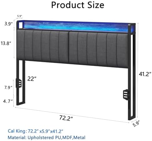 California King Size Upholstered Headboard with LED Lights & Charging Station, USB & Type C Port, Linen Upholstery, Cal King Headboard Only, Height Adjustable Attach Frame Sturdy and Stable